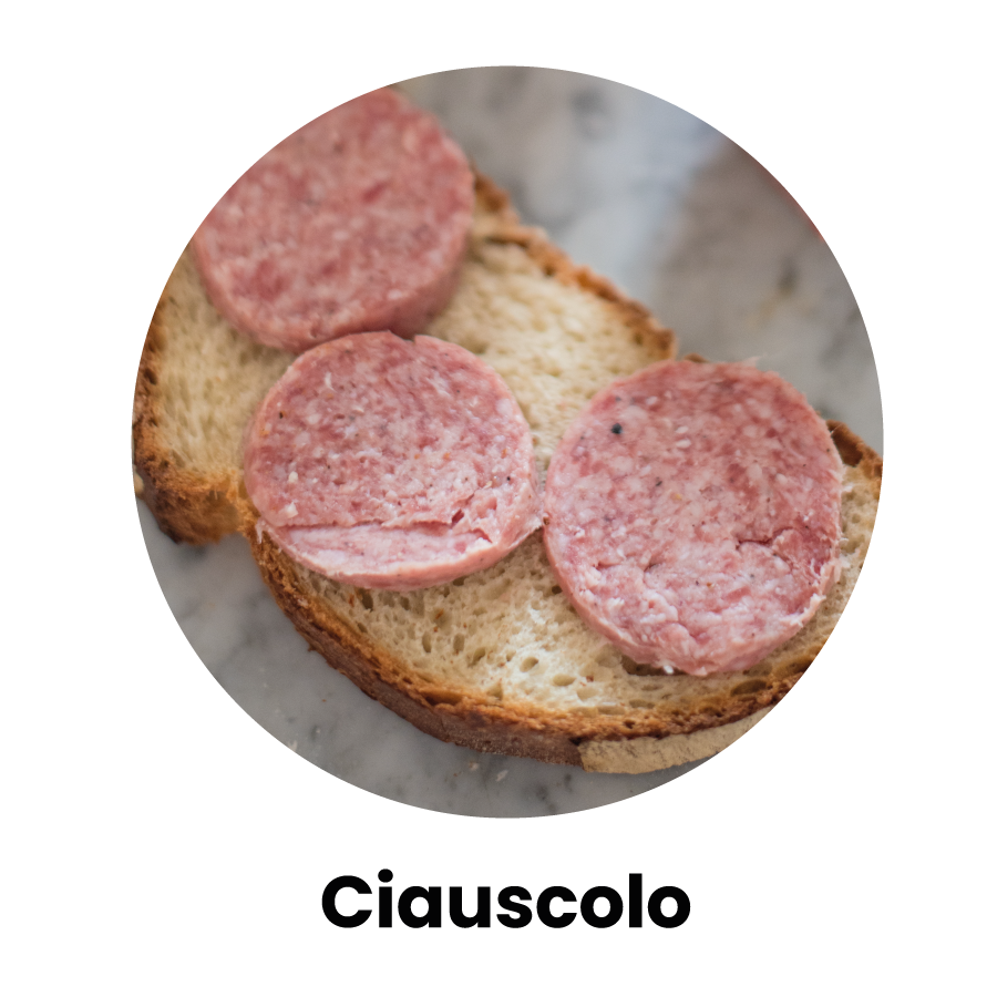 Ciauscolo a fette con logo coccarda in alto a sinistra - "Ciasucolo"